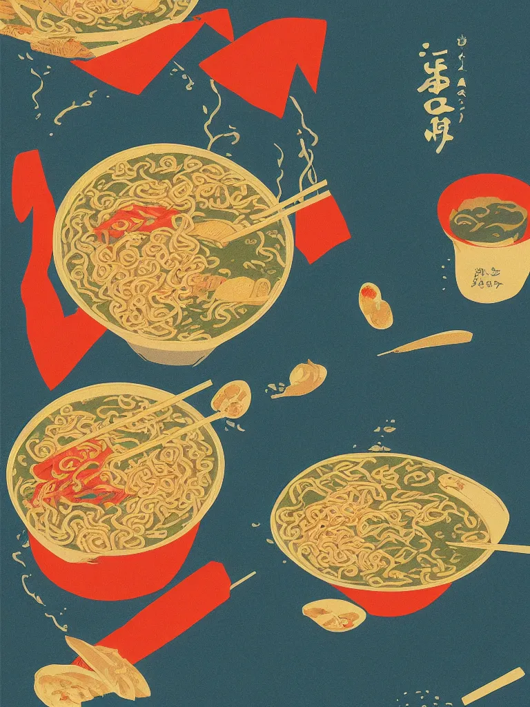 Image similar to ! dream bowl of ramen in the sea at sunset in the style of hasui kawase, as a bauhaus vintage exhibition poster, vintage, grainy