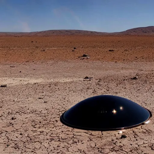 Prompt: ufo flying saucer with glass dome crashed in the desert, bent and broken, burning.