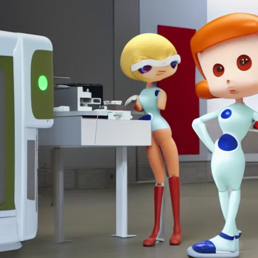 Image similar to pixar - style rendering of : roll is repairing computers in dr. light's laboratory. roll is a cute female ball - jointed robot ( inspired by osamu tezuka ) who has blonde hair with bangs and a ponytail tied with a green ribbon. she is wearing a red one - piece dress with a white collar, and red boots.