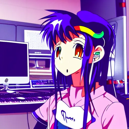 Image similar to An anime character working in their music studio. 90s anime, Sailor Moon, Neon Genesis, official art, flat cell shading, fantastic screenshot art, trending on artstation