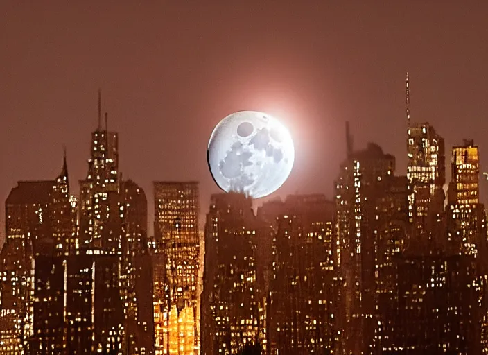 Image similar to film still of the moon shattering into pieces over manhatten in the new disaster movie, 8 k, night time