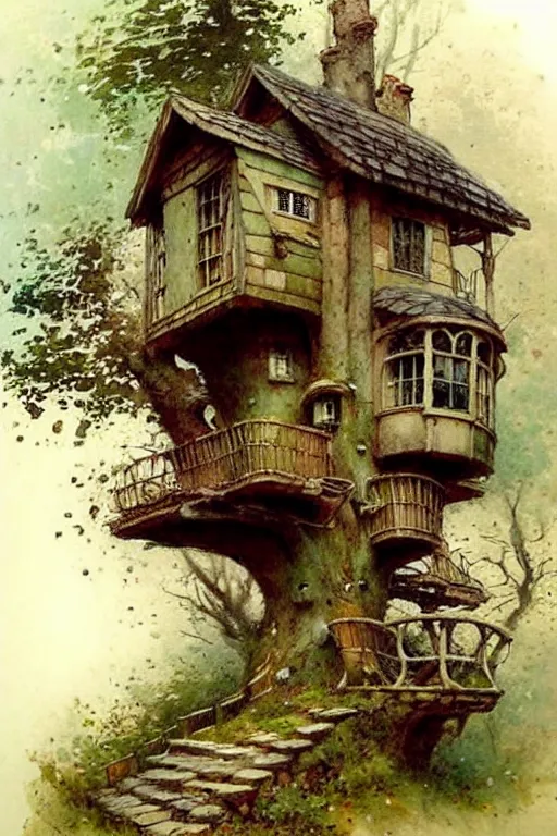 Image similar to (((((1950s fairy tale cottage tree house . muted colors.))))) by Jean-Baptiste Monge !!!!!!!!!!!!!!!!!!!!!!!!!!!