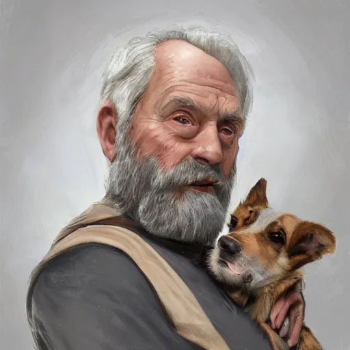 Image similar to medium close up portrait of a old, ruggedly handsome bearded man holding corgi dog, real hands, soft hair, muscular, half body, cloth, d & d, fantasy, intricate, elegant, highly detailed, digital painting, artstation, concept art, smooth, sharp focus, illustration, art by artgerm and greg rutkowski and alphonse mucha