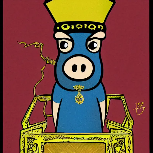 Prompt: a drawing of pig wearing a gold crown in the style of jack kirby