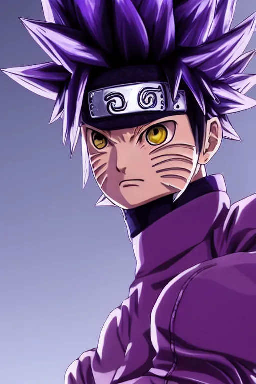 Image similar to close up of a naruto in smooth purple ninja uniform, blue spiked hair, muscular, intense, dramatic pose body of an ultrafine hyperdetailed illustration by kim jung gi, irakli nadar, intricate linework, sharp focus, bright colors, octopath traveler, final fantasy, unreal engine 5, global illumination, radiant light.