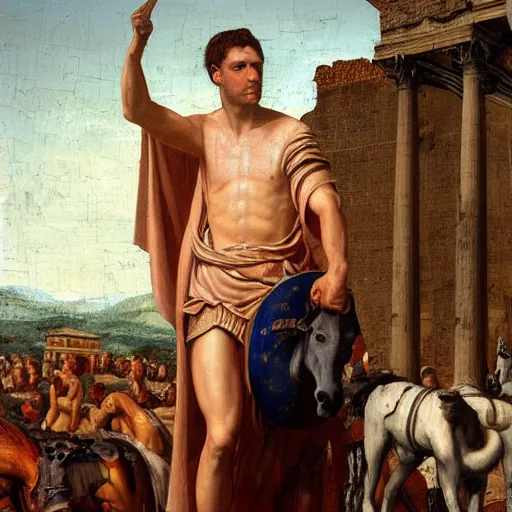 Image similar to Jerma985 in Ancient Rome, detailed, highly detailed, heroic, epic, complex, very detailed, realistic, HD quality, 8k resolution, body and headshot, Oil Painting, Italian Renaissance Painting of Jerma985, Italian Renaissance Painting Style, Renaissance Painting Style, Painting, Trending on Artstation