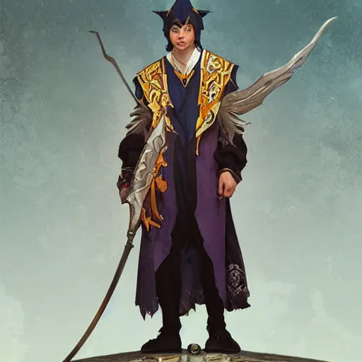 Prompt: a photorealistic male wizard teenager wearing wizard outfit, sharp focus, illustration, art by artgerm and greg rutkowski and alphonse mucha