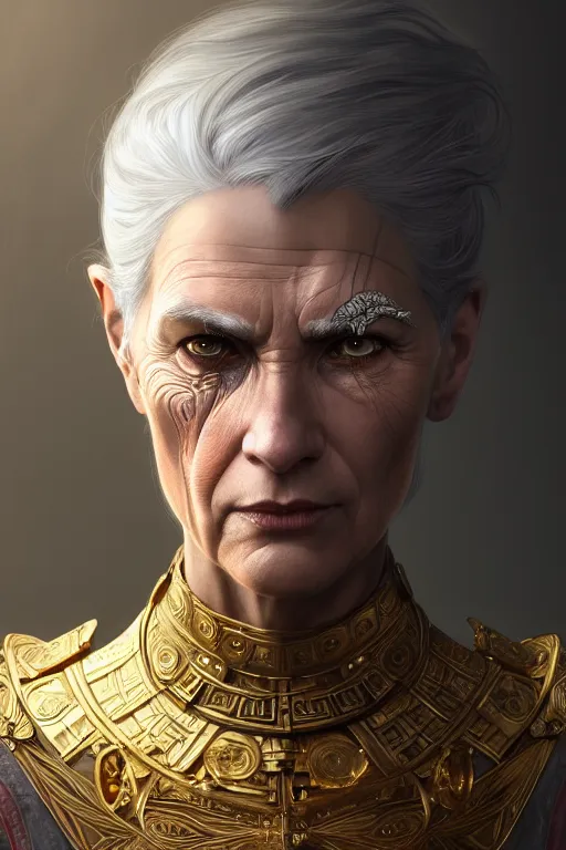 Prompt: portrait of a middle aged grey haired woman in the style of god of war, golden machine parts, intricate, elegant, highly detailed, digital painting, artstation, concept art, smooth, sharp focus, illustration, art by artgerm and greg rutkowski and alphonse mucha, 8 k