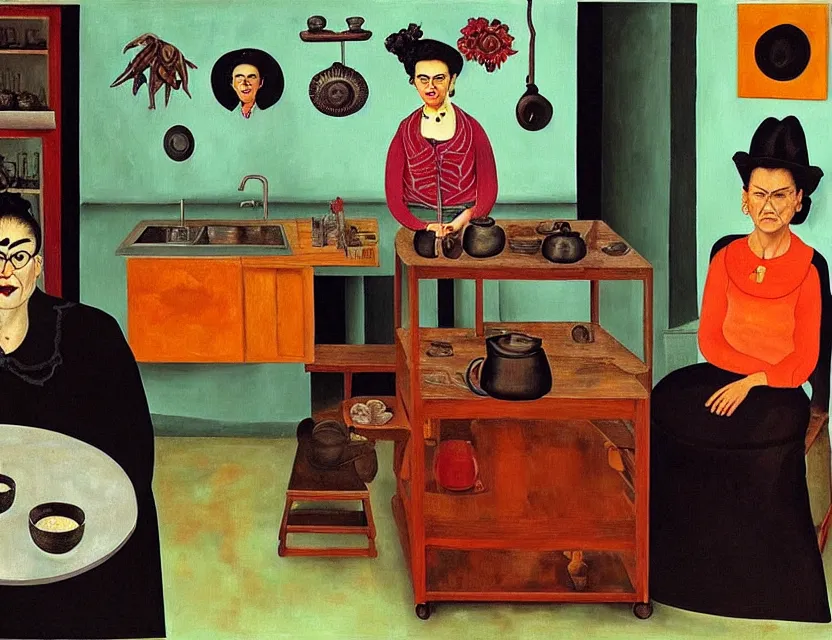 Image similar to a painting of a old and strange dusty professor in black suite and hat and a old woman making a study of drinking 1 0 cups of black coffee in 5 seconds in a kitchen that is melting, styled and painted by frida kahlo