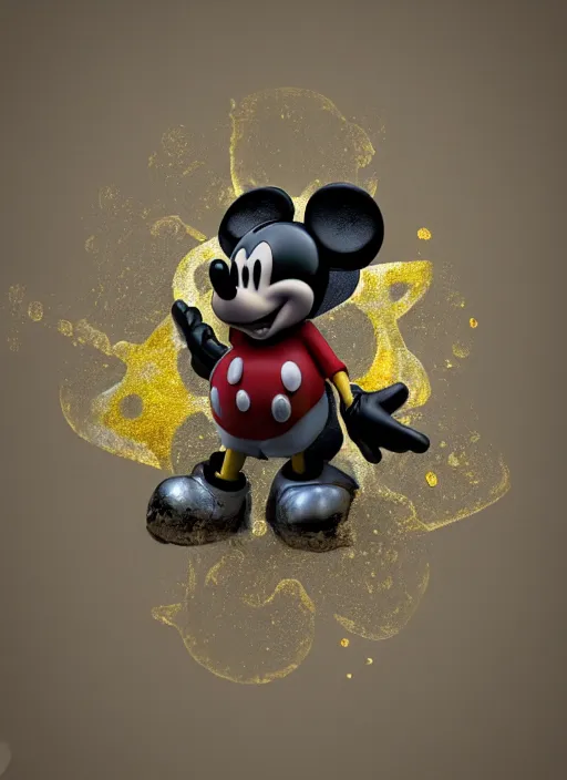 Image similar to mickey mouse, gas mask, fractal, leathery, wet, broken, melting, rococo, mycelium, baroque, sumerian, radiant alien, magic kingdom, octane render, high detail