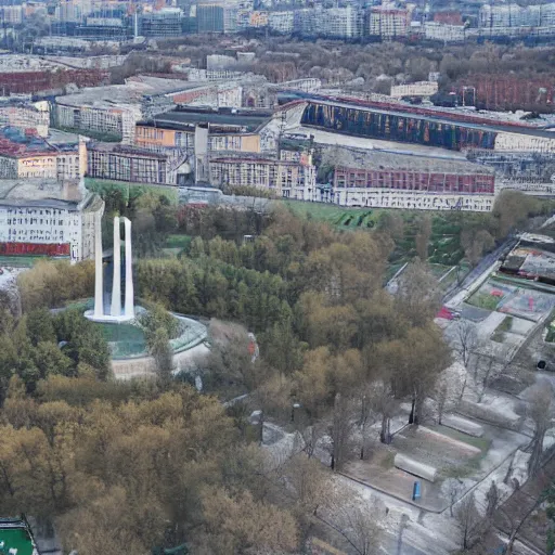 Prompt: aerial view of brutalist extensive monument ( ( ( ( ( park ) ) ) ) ) spomenik with ( ( railings ) ) photo, 4 k