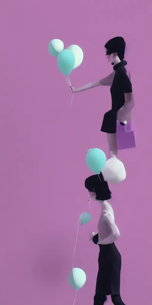 Prompt: 3d matte render, Hsiao-Ron Cheng, balloons, pastel colors, hyper-realism, pastel, polkadots, minimal, simplistic, amazing composition, woman, vaporwave, wow, Gertrude Abercrombie, Beeple, minimalistic graffiti masterpiece, minimalism, 3d abstract render overlayed, black background, psychedelic therapy, trending on ArtStation, ink splatters, pen lines, incredible detail, creative, positive energy, happy, unique, negative space, pure imagination painted by artgerm