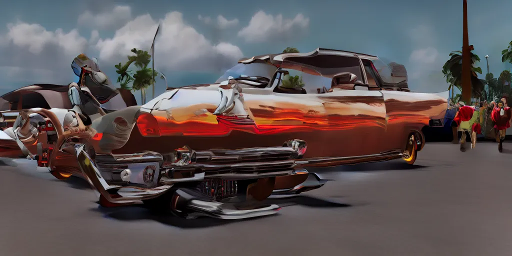 Image similar to highly detailed photo of an award winning lowrider, cruising at a car show, car bounce, air suspension, fan girls, 8 k, octane render, unreal engine, ue 5, photoshop, maya, ray tracing