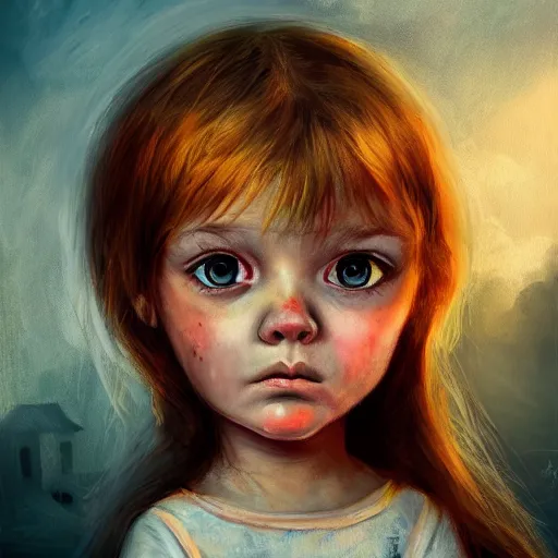 Image similar to detailed portrait of big - eyed nordic sweet little girl looking sad in front of burning house, artistic 4 k, trending on artstation, masterpiece