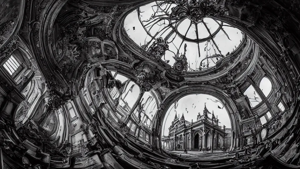 Image similar to victorian era architecture based city, abandoned, crawling with beasts, bloodborne, yarhnam, curved perspective, fisheye effect