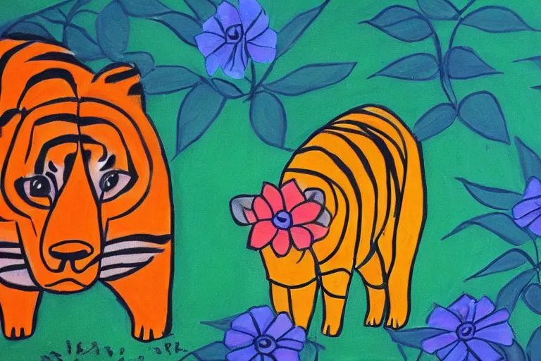 Prompt: a beautiful picture of a tiger and a pig, flower, by sanyu