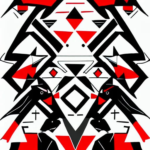 Prompt: ovids broad strokes black and white and red color scheme geometric raven , high quality art in the style of pacific northwest HAIDA art,