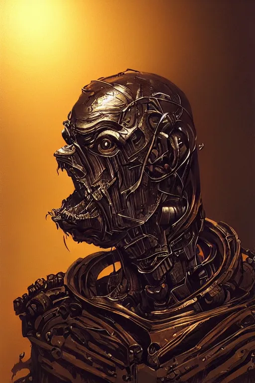 Image similar to portrait of a old vampire robot, intricate wrinkles, dystopian sci-fi, terrorpunk, sharp black fangs, night light, extremely detailed, digital painting, candles, sculpted in zbrush, artstation, concept art, smooth, sharp focus, illustration, chiaroscuro lighting, golden ratio, incredible art by Stanley Artgerm Lau and Greg Rutkowski, composition by Alphonse Mucha and Simon Stalenhag