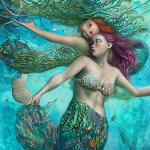 Prompt: underwater mermaids wearing seashell bras swimming through colorful seaweed by marco mazzoni