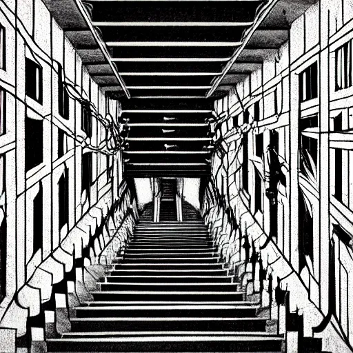 Image similar to a terrifying dark hallway with many doors and many stairs, impending doom, horror, Mc Escher architecture, epic composition, anime key visual