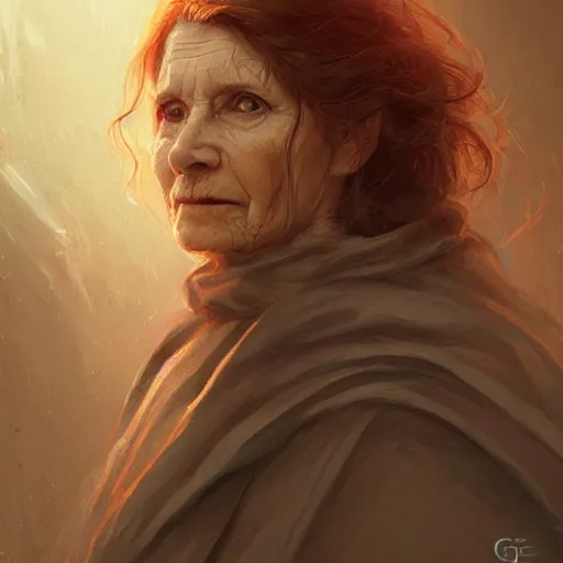 Image similar to portrait of a woman by greg rutkowski, grand jedi master jade skywalker, copper wavy hair, star wars expanded universe, she is about 7 0 years old, wearing jedi robes, wise and serene, highly detailed portrait, digital painting, artstation, concept art, smooth, sharp foccus ilustration, artstation hq