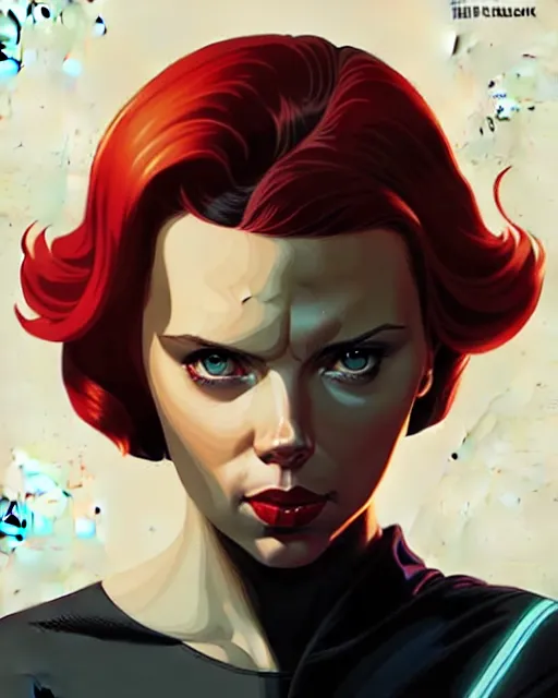 Image similar to rafael albuquerque comic art, peter mohrbacher, phil noto, artgerm, pretty scarlett johansson black widow, symmetrical eyes, long red hair