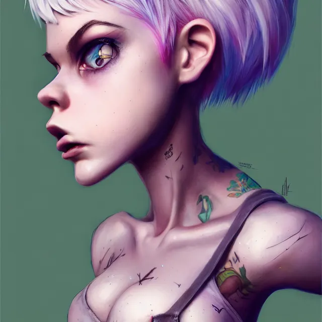 Image similar to full body pose, beautiful adult fairy, pixar, short white hair shaved sides, dirty, grungy, grunge, long sleeve, painted overalls, stacks of giant books, highly detailed, 4 k, hdr, smooth, sharp focus, high resolution, award - winning photo, artgerm, photorealistic