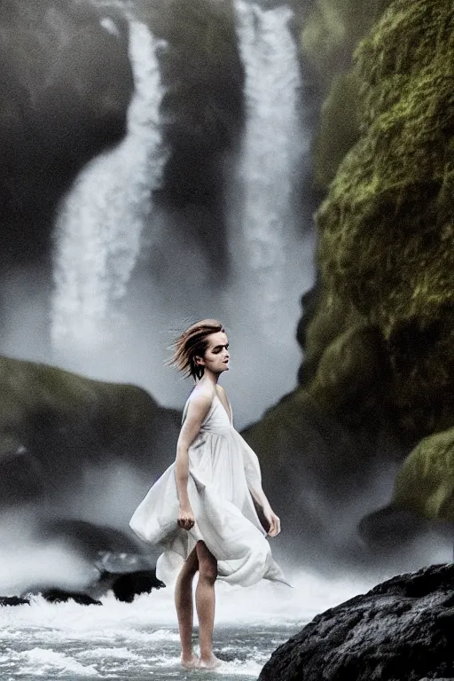 Image similar to intimate photo of emma watson walking through a waterfall, portrait in the style of petter hegre, sharp details, beautiful face, pale skin, rule of thirds, cinematic lighting, rainy weather, melancholy atmosphere, sharp focus, backlit, stunning, smooth, hard focus, full body shot, instagram photo, shot on iphone 1 3 pro max, hyper realistic