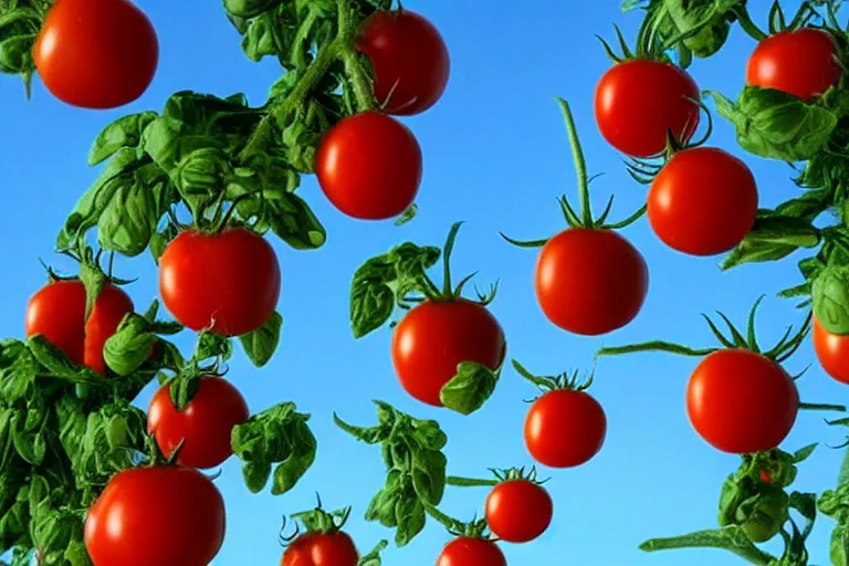 Prompt: the sky is filled with tomatos