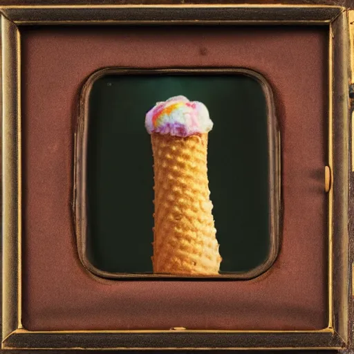 Image similar to a detailed color daguerreotype of a ice cream cone on fire