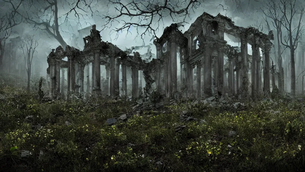 Prompt: an apocalyptic ruins, flowery, vines, foggy, eerie, scary, digital art