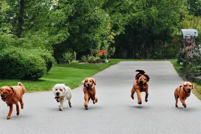 Prompt: dogs running towards a mailman off in the distance