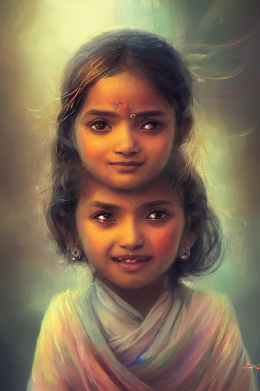 Image similar to hindu little girl, joyful, close - up portrait, intricate, elegant, volumetric lighting, scenery, digital painting, highly detailed, artstation, sharp focus, illustration, concept art, ruan jia, steve mccurry