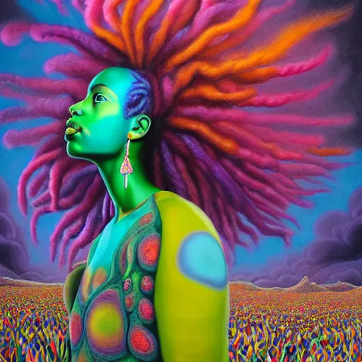 Image similar to a wide angle shot of a black girl with colorful dreadlocks in a field of candy, by Adi granov and afarin sajedi and amanda sage and evgeni gordiets and Agostino Arrivabene and adonna khare in a psychedelic portrait style, ultrarealistic matte painting, volumetric lighting, fractal, extremely symmetrical, highly detailed face, orisha, 8k, hd