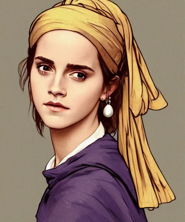 Image similar to Emma Watson as the girl with the pearl earring, highly detailed, digital painting, artstation, concept art, smooth, sharp focus, illustration, ArtStation, art by artgerm and greg rutkowski and alphonse mucha and J. C. Leyendecker and Edmund Blair Leighton and Katsuhiro Otomo and Geof Darrow and Phil hale and Ashley wood and Ilya repin and Charlie Bowater