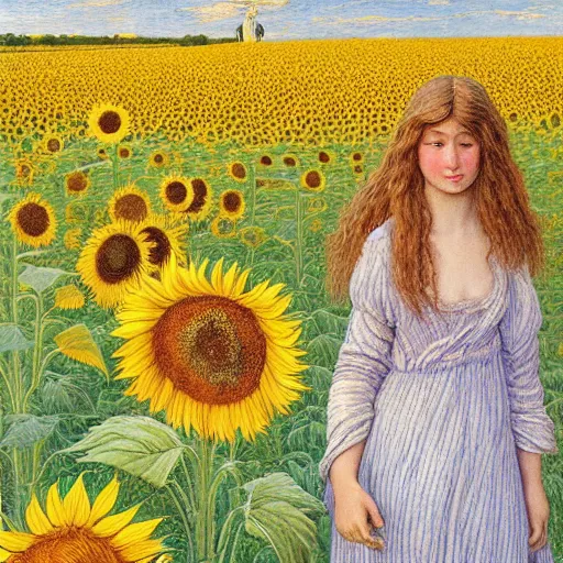 Prompt: a girl in amazing tall sunflower field, her hair flowing down, subtle, intricate details, real masterpiece, oil on canvas, by johfra bosschart, felice casorati