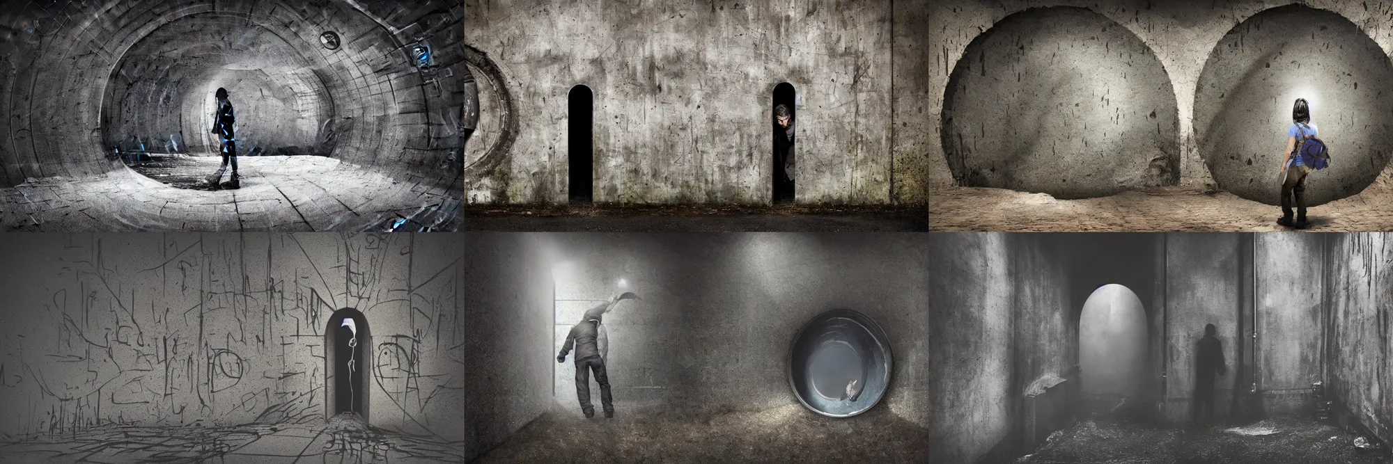 Prompt: dark entrance of large round slimy wet dark sewer pipe in wall in dark wet deep underground london sewer, water dripping down walls, person standing at pipe entrance, wet, water flowing, graffiti on walls, damp, sludgy, yukky, dramatic, misty, concept art,