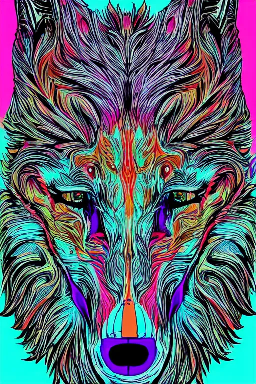 Image similar to Psychotic crisis portrait of a wolf head. psychedelic colors, very detailed, lineart