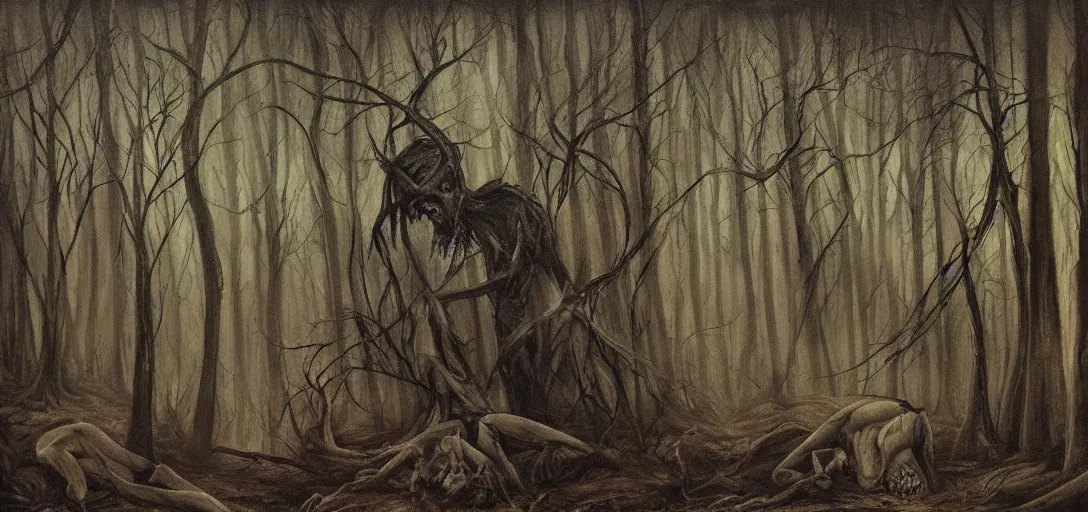Image similar to A horror painting of a dark fantasy forest, pain, agony, sorrow