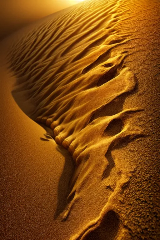 Image similar to hyperrealistic close - up sand worm monster! in dunes highly detailed concept art eric zener elson peter cinematic hard yellow lighting high angle hd 8 k sharp shallow depth of field, inspired by david paul cronenberg and zdzisław beksinski