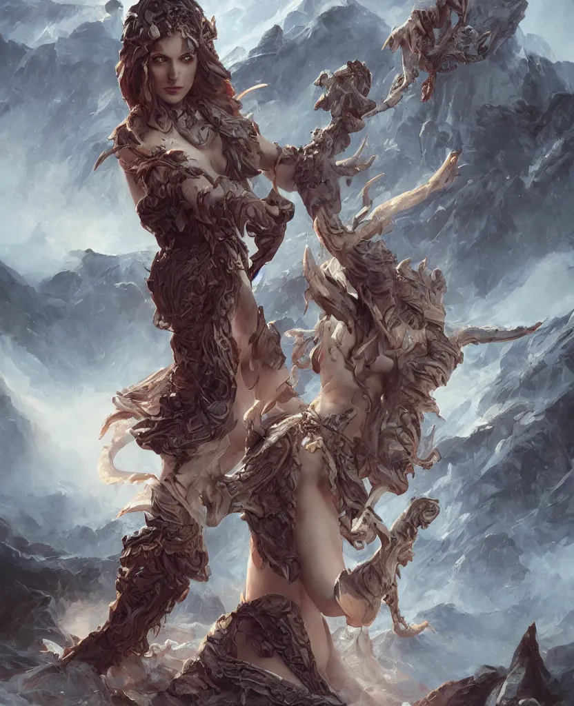 Prompt: demoness female, glacier landscape, norway, D&D, fantasy, intricate, elegant, highly detailed, digital painting, artstation, octane render, concept art, matte, sharp focus, illustration, hearthstone, art by Artgerm and Greg Rutkowski and Alphonse Mucha