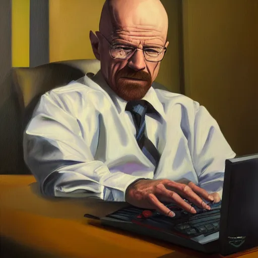 Prompt: Walter white raging at a computer, expressive oil painting, trending on artstation, 4k