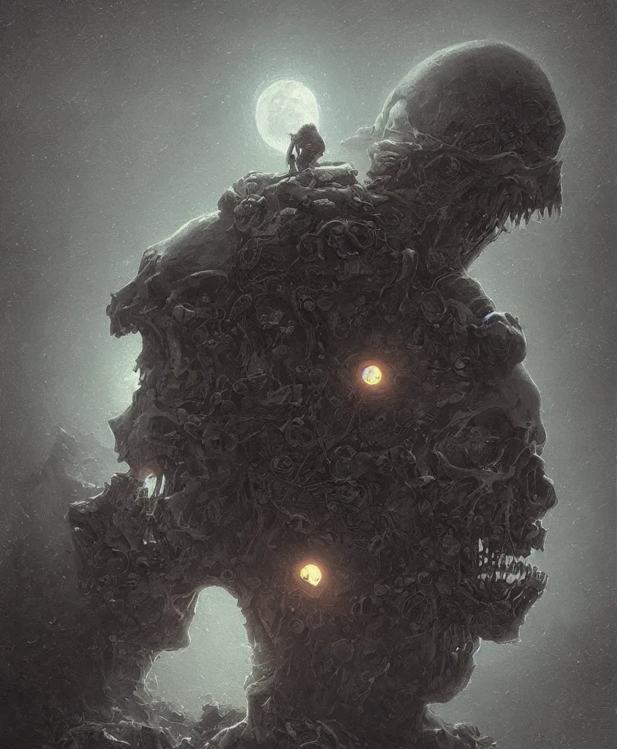 Prompt: portrait skull, raining, moon, illustrated by Simon Stålenhag and Gaston Bussiere, beautiful volumetric lighting style atmosphere, intricate, ultra detailed, photorealistic, trending on artstation