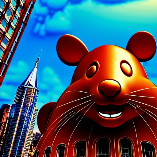 Image similar to giant mouse in the city, photorealistic, highly detailed, sharp focus, vivid, symmetrical, random, convoluted, mind - blowing, creative, fully functional, physics defying, amazing, cool, hdr