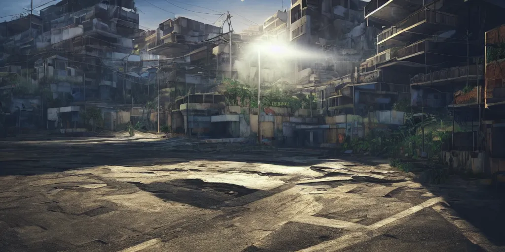 Image similar to Bright Beams of Light Shoot out of cracks in the ground, Futuristic Favela, Hyperrealistic Rendering, Photorealism, Raytracing, Anamorphic Lens, Artstation, detailed