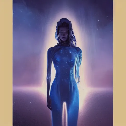 Image similar to 3 d, sci - fi, night, moon, smiling fashion model face, moon rays, cinematic, clouds, vogue cover style, blue mood, realistic painting, intricate oil painting, high detail illustration, figurative art, multiple exposure, poster art, 3 d, by tooth wu and wlop and beeple and greg rutkowski