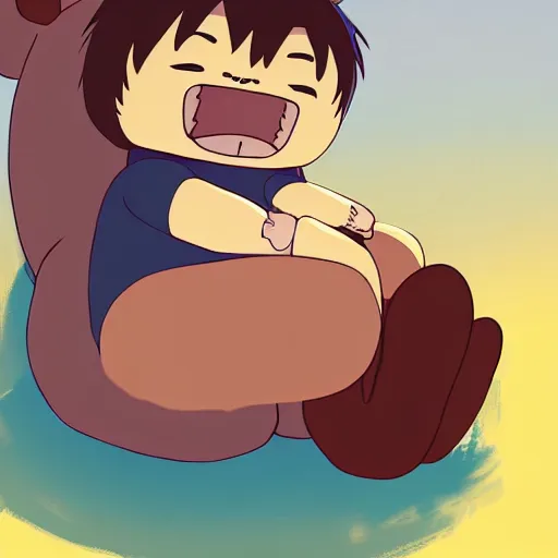 Prompt: young man burying his face on the belly of a giant teddy bear, screaming, cute, studio Ghibli, digital painting,