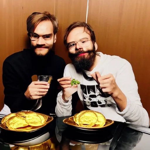 Image similar to pewdiepie and sergey mavrodi drinking and eating gold burgers together