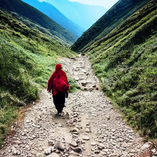 Image similar to POV: walking a dirt path in the tibetan mountains, manga art