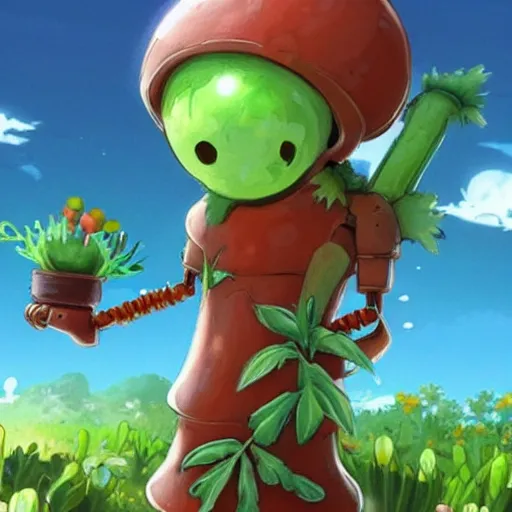 Image similar to cute robot made of plants with tomato hat and a carrot sword, made in abyss style